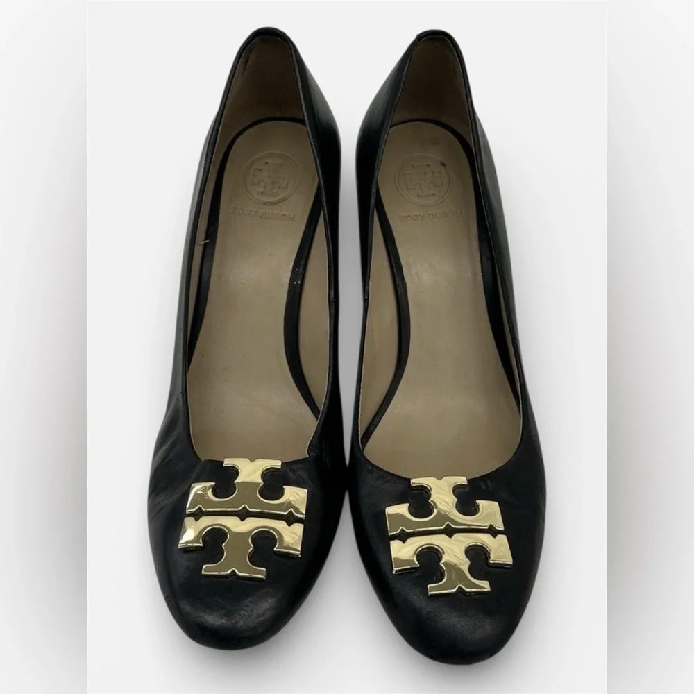 Tory Burch Black Leather Raleigh Round Toe Logo Wedge Pumps Size 6.5